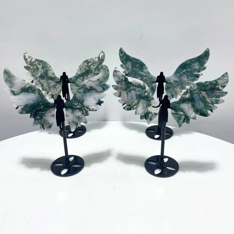 4 Pairs Small Moss Agate Angel Wing Carving With Stand