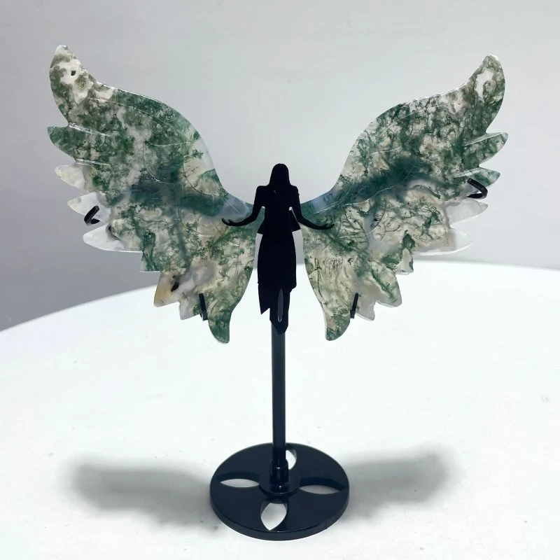 4 Pairs Small Moss Agate Angel Wing Carving With Stand - Image 2