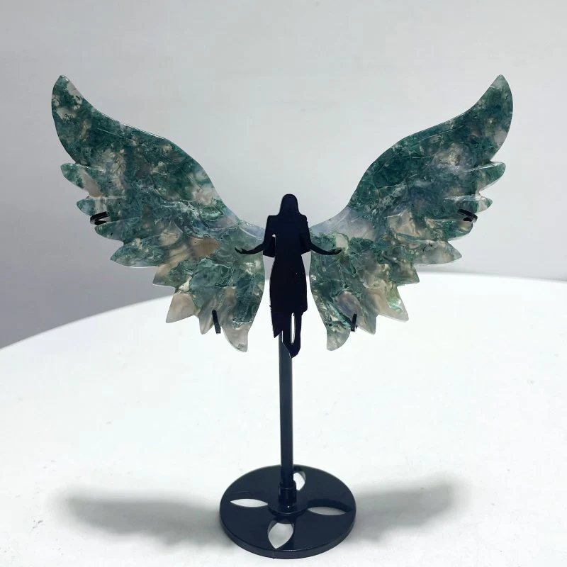 4 Pairs Small Moss Agate Angel Wing Carving With Stand - Image 3