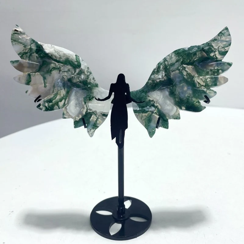 4 Pairs Small Moss Agate Angel Wing Carving With Stand - Image 4