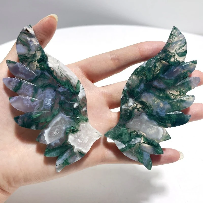 4 Pairs Small Moss Agate Angel Wing Carving With Stand - Image 5