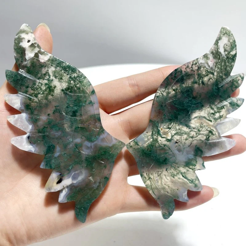 4 Pairs Small Moss Agate Angel Wing Carving With Stand - Image 6