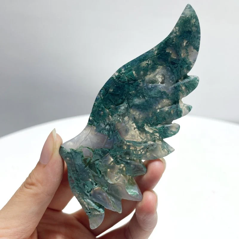 4 Pairs Small Moss Agate Angel Wing Carving With Stand - Image 7
