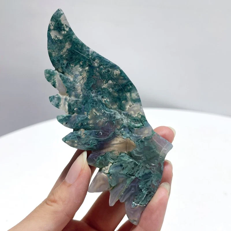 4 Pairs Small Moss Agate Angel Wing Carving With Stand - Image 8