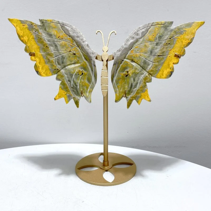 Natural Bumble Bee Stone Jasper Butterly Wing Carving With Stand