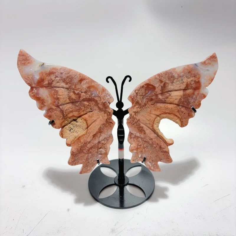 4 Pairs Natural Pink Agate Butterfly Wing Crystal Carving With Stand - Image 2