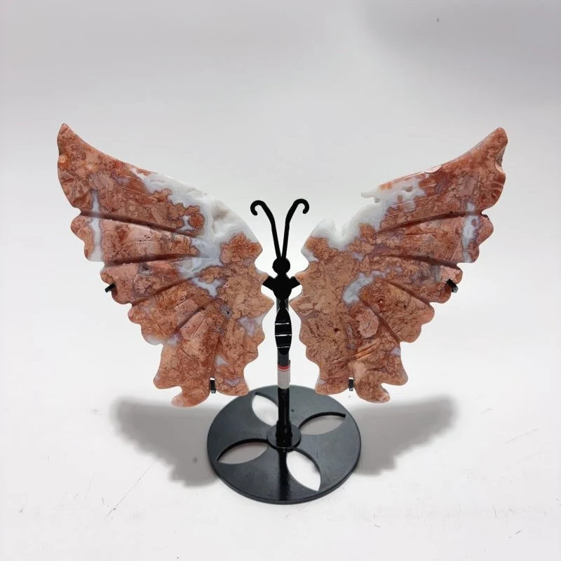 4 Pairs Natural Pink Agate Butterfly Wing Crystal Carving With Stand - Image 3