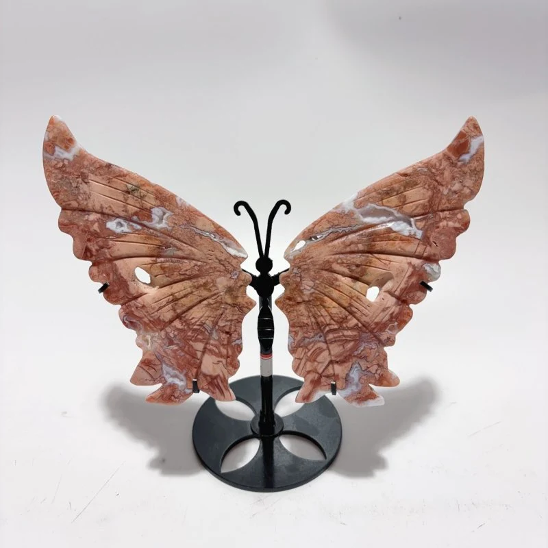 4 Pairs Natural Pink Agate Butterfly Wing Crystal Carving With Stand - Image 4