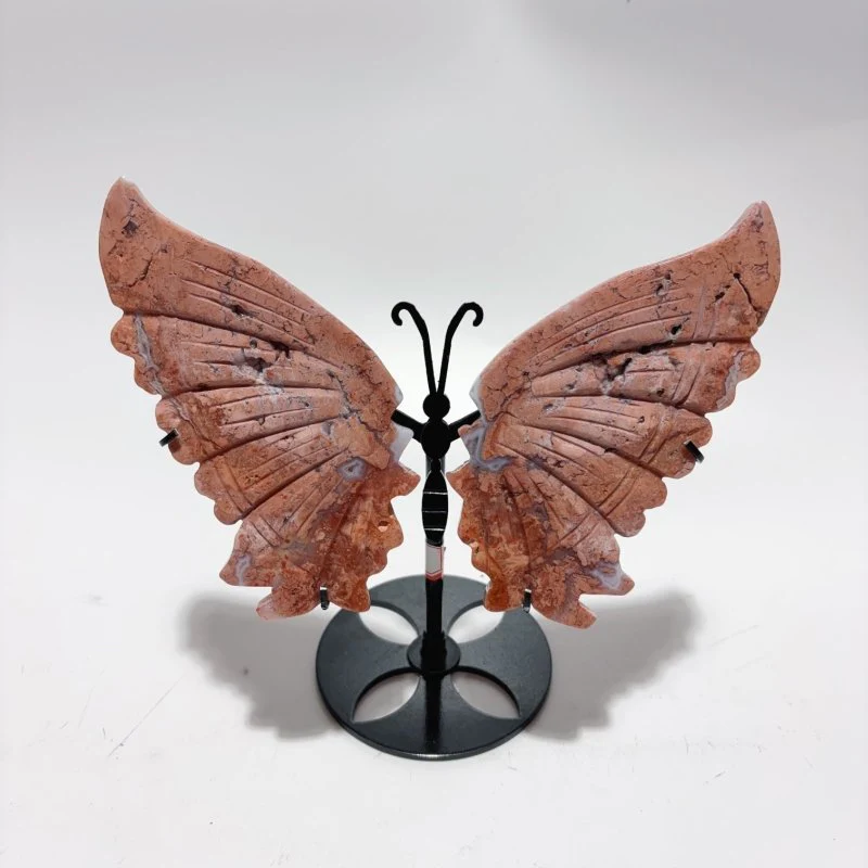 4 Pairs Natural Pink Agate Butterfly Wing Crystal Carving With Stand - Image 5