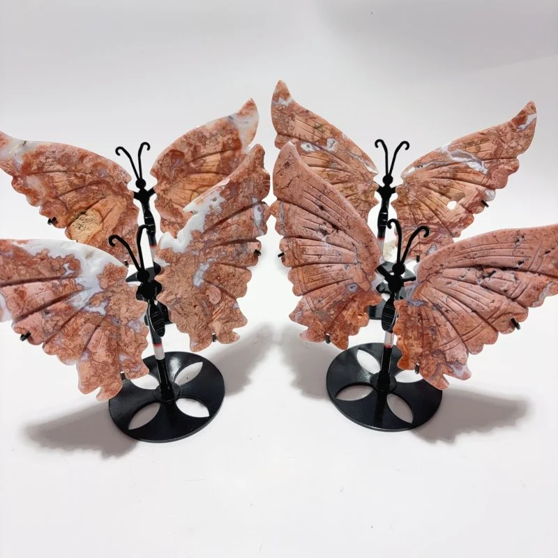 4 Pairs Natural Pink Agate Butterfly Wing Crystal Carving With Stand - Image 6