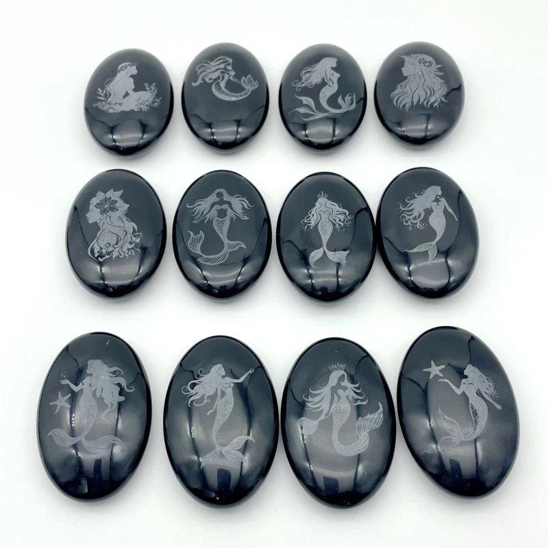 Black Obsidian Engraved Mermaid Palm 24 Designs Wholesale - Image 4
