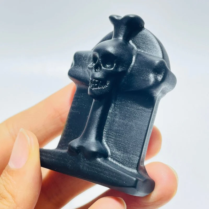 Black Obsidian Tombstone Skull Cross Carving Wholesale - Image 3