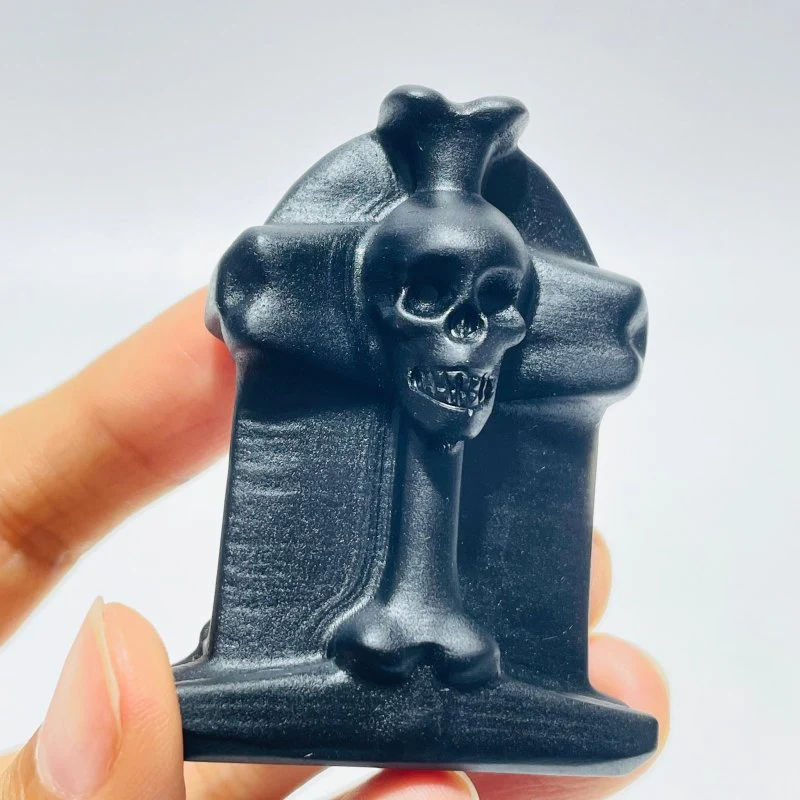 Black Obsidian Tombstone Skull Cross Carving Wholesale - Image 5