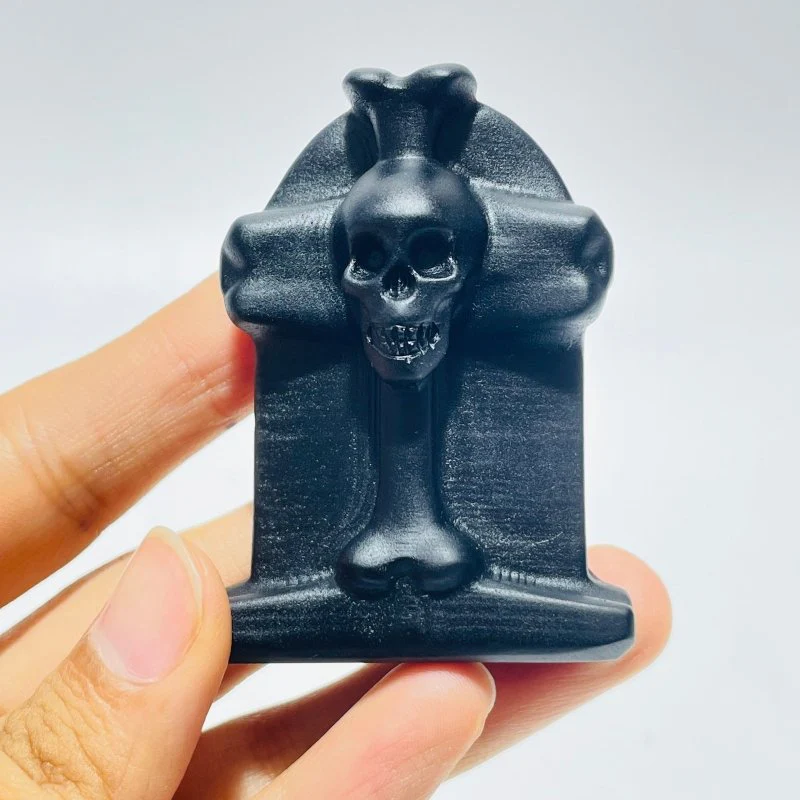 Black Obsidian Tombstone Skull Cross Carving Wholesale - Image 6