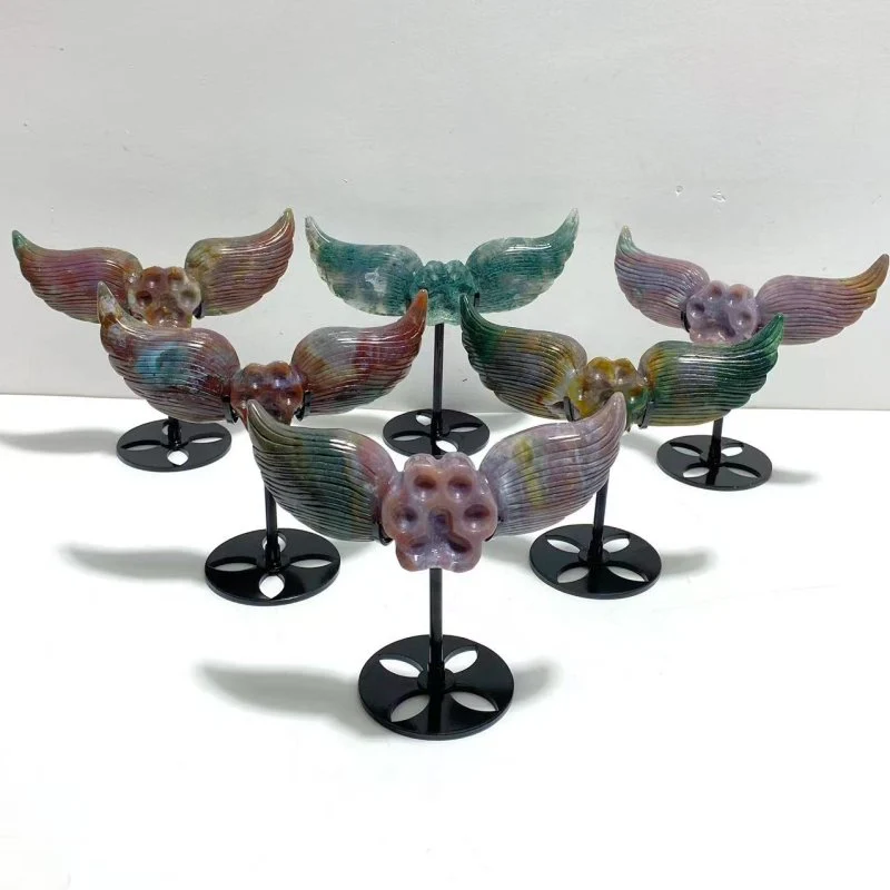 6 Pairs Ocean Jasper Cat Paw Wing Carving With Stand