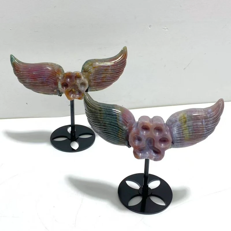 6 Pairs Ocean Jasper Cat Paw Wing Carving With Stand - Image 5