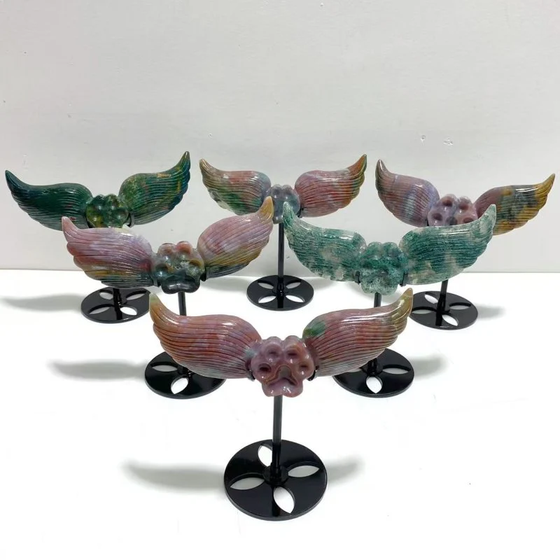 6 Pairs Unique Ocean Jasper Cat Paws Wing Carving With Stand