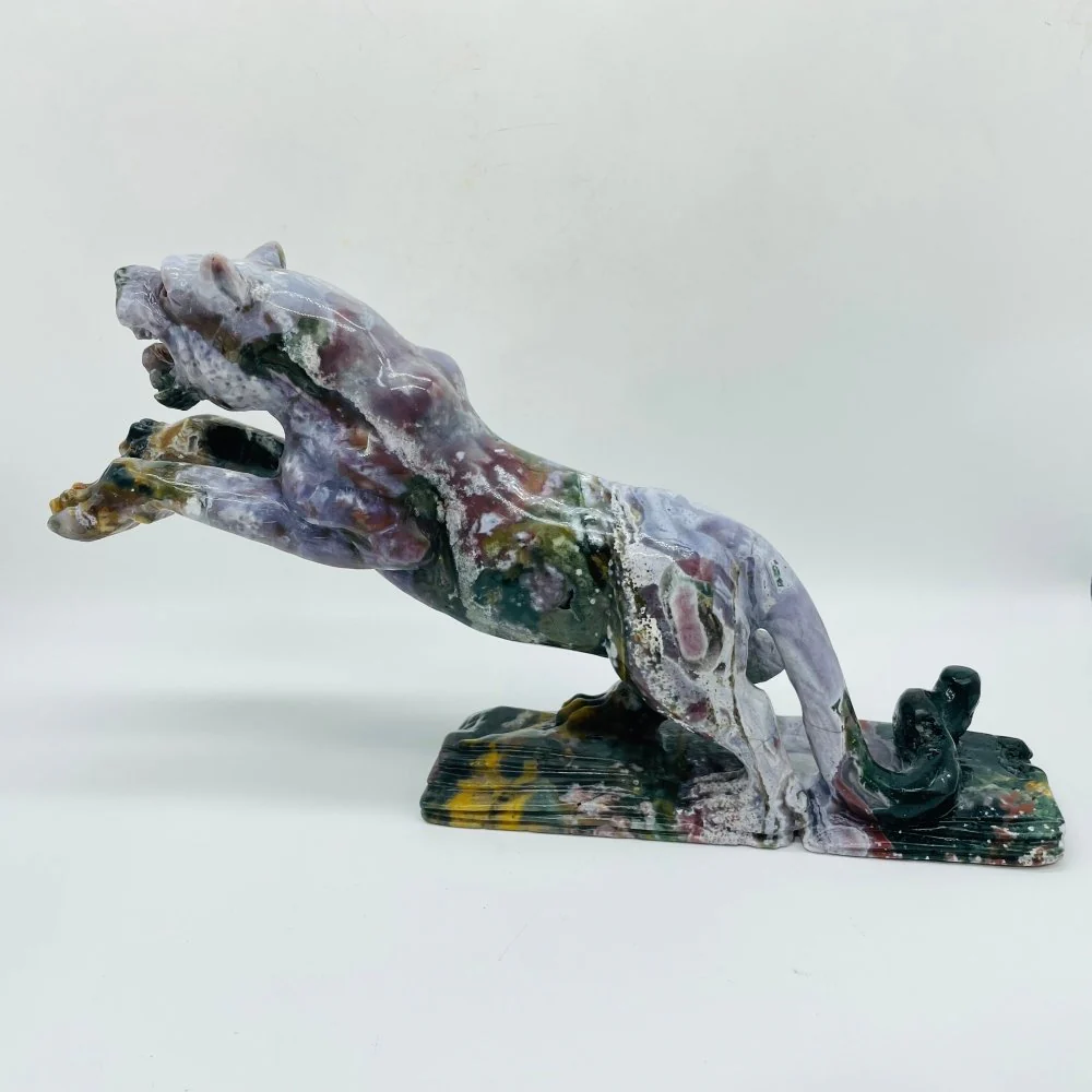 Unique Ocean Jasper Jumping Leopard Panther Carving - Image 2