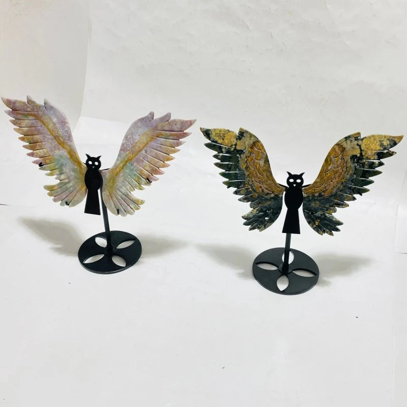 2 Pairs Ocean Jasper Symmetry Owl Wing Carving With Stand - Image 2