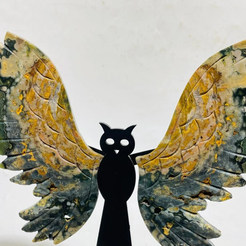 2 Pairs Ocean Jasper Symmetry Owl Wing Carving With Stand - Image 4