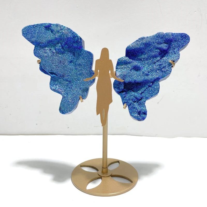 Blue Aura Quartz Cluster Angel Wing Carving With Stand