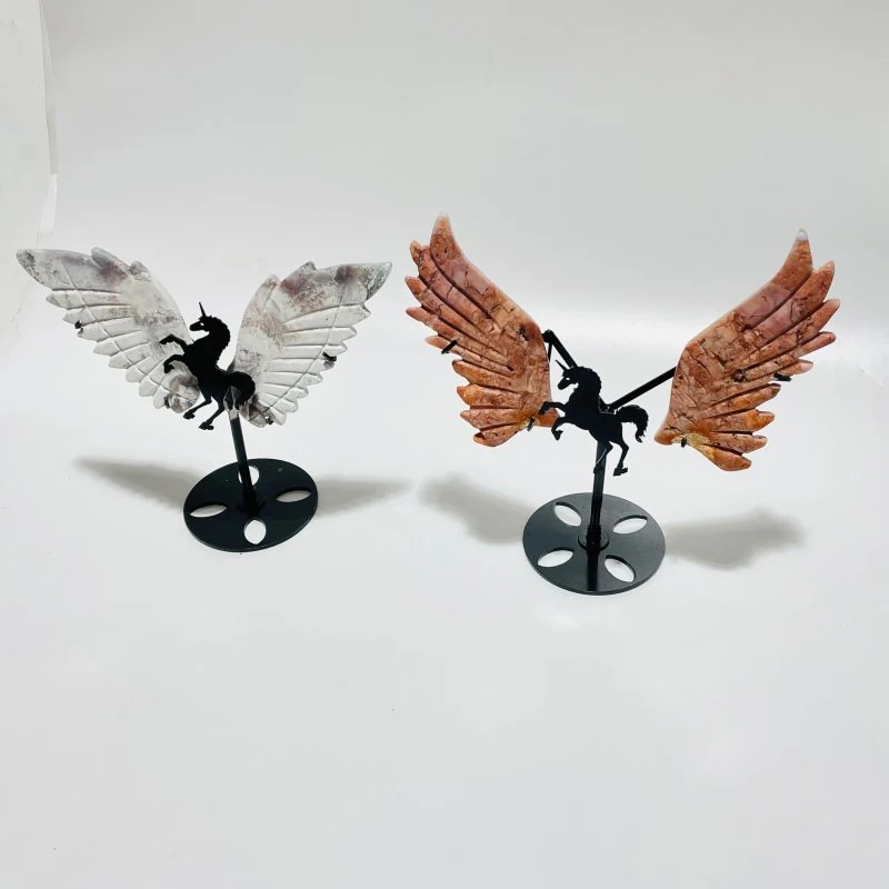 2 Pairs Pegasus Wing Carving With Stand Pink Agate Ocean Jasper - Image 3