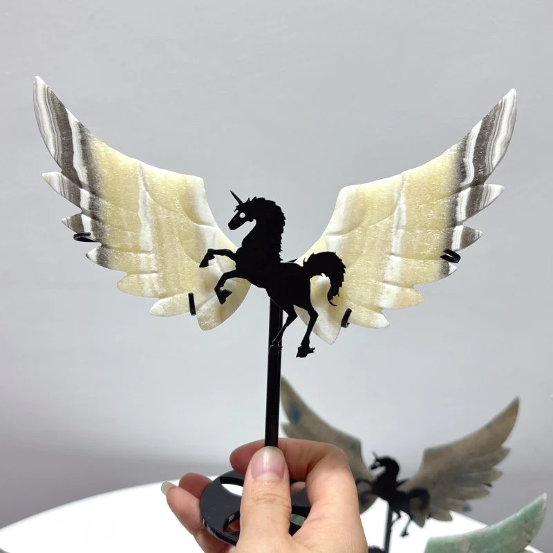 4 Pairs Pegasus Wing Crystal Carving With Stand Trolleite Amazonite Yellow Calcite Fluorite - Image 3
