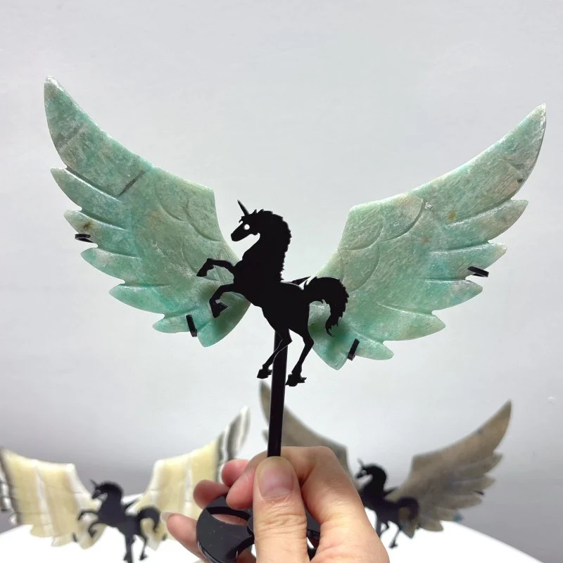 4 Pairs Pegasus Wing Crystal Carving With Stand Trolleite Amazonite Yellow Calcite Fluorite - Image 4