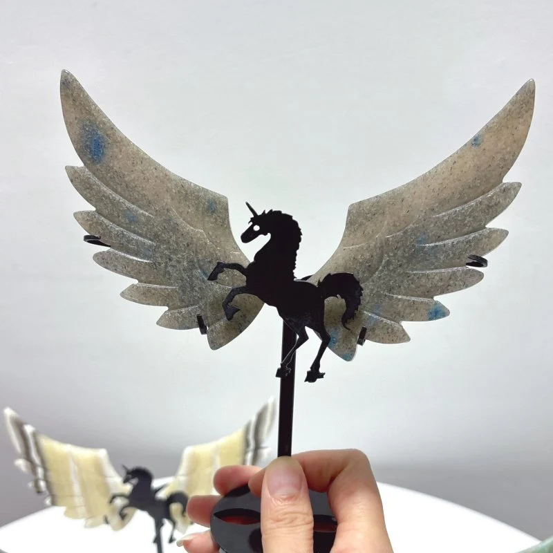 4 Pairs Pegasus Wing Crystal Carving With Stand Trolleite Amazonite Yellow Calcite Fluorite - Image 5