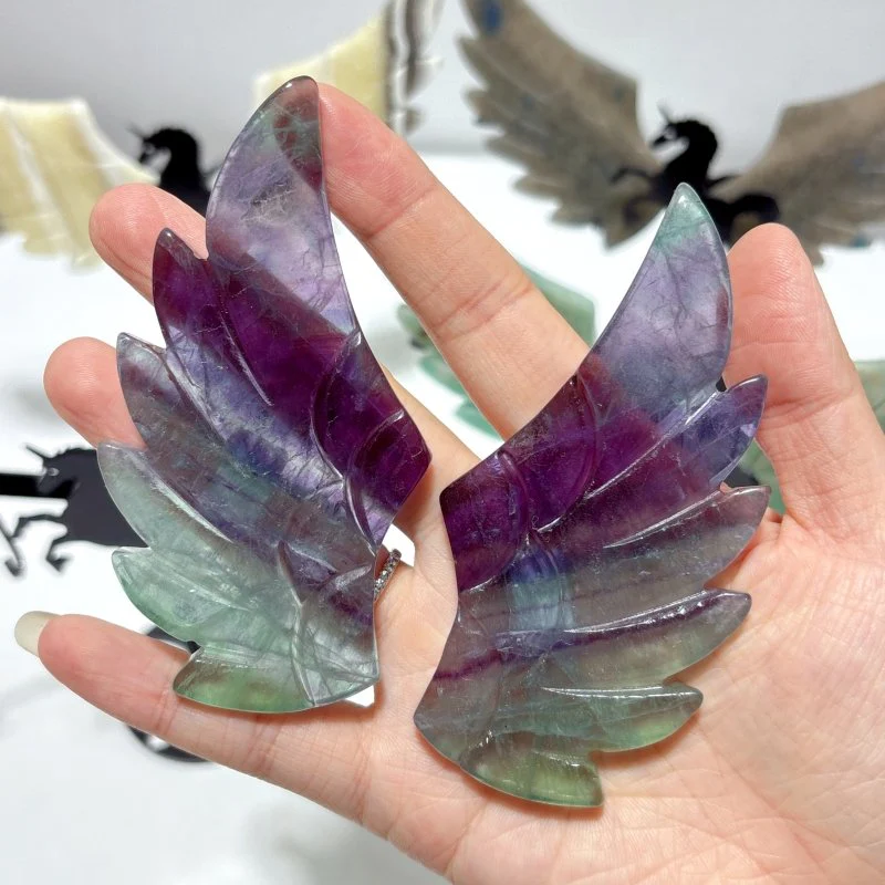 4 Pairs Pegasus Wing Crystal Carving With Stand Trolleite Amazonite Yellow Calcite Fluorite - Image 6