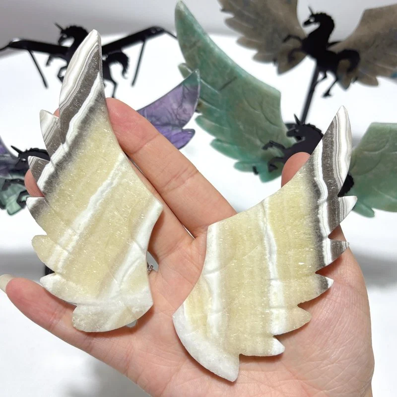 4 Pairs Pegasus Wing Crystal Carving With Stand Trolleite Amazonite Yellow Calcite Fluorite - Image 7