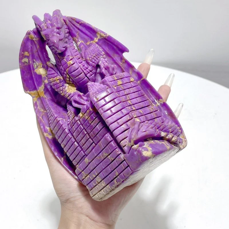 Phosphosiderite Flying Dragon With Castle Carving - Image 2