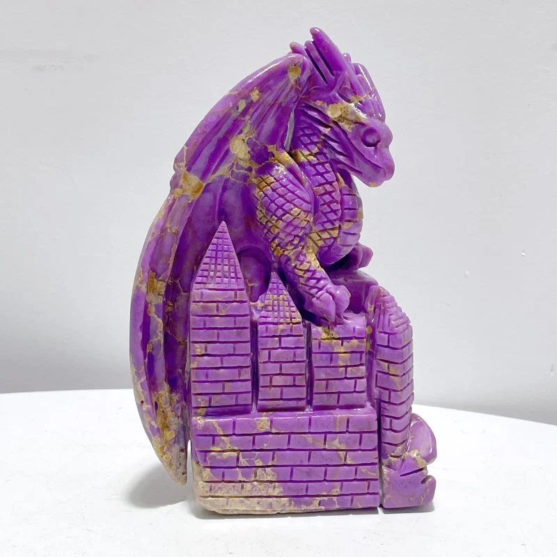 Phosphosiderite Flying Dragon With Castle Carving - Image 3