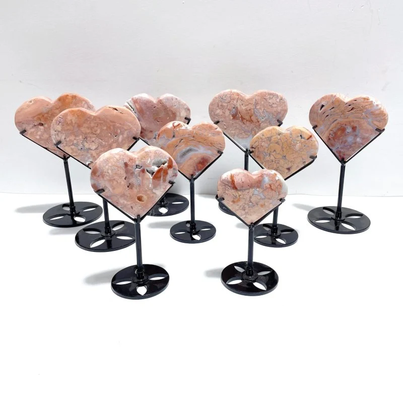 9 Pieces Pink Agate Heart With Stand