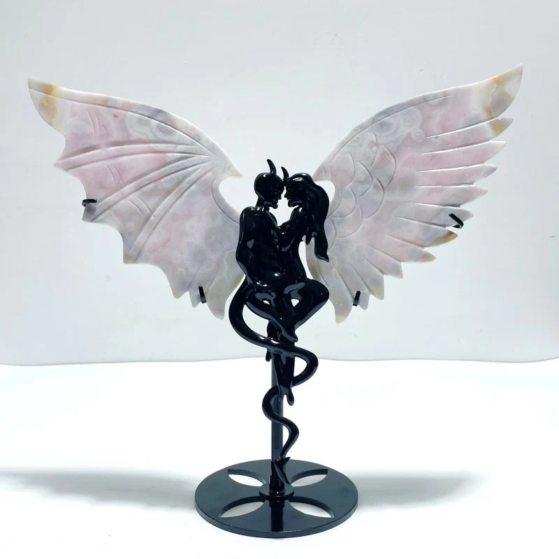 Pink Flower Agate Demon And Angel Wing Carving With Stand