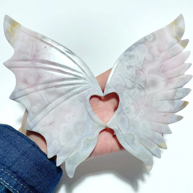 Pink Flower Agate Demon And Angel Wing Carving With Stand - Image 2