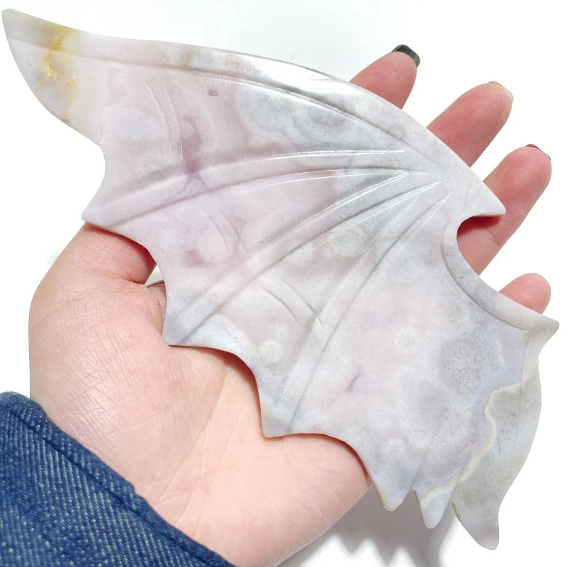 Pink Flower Agate Demon And Angel Wing Carving With Stand - Image 3