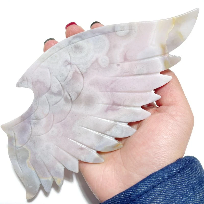 Pink Flower Agate Demon And Angel Wing Carving With Stand - Image 4
