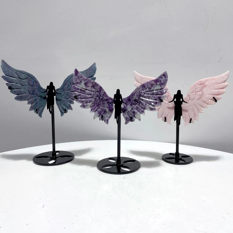 3 Pairs Pink Opal Angel Ruby In Kyanite Lepidolite Wing Carving With Stand