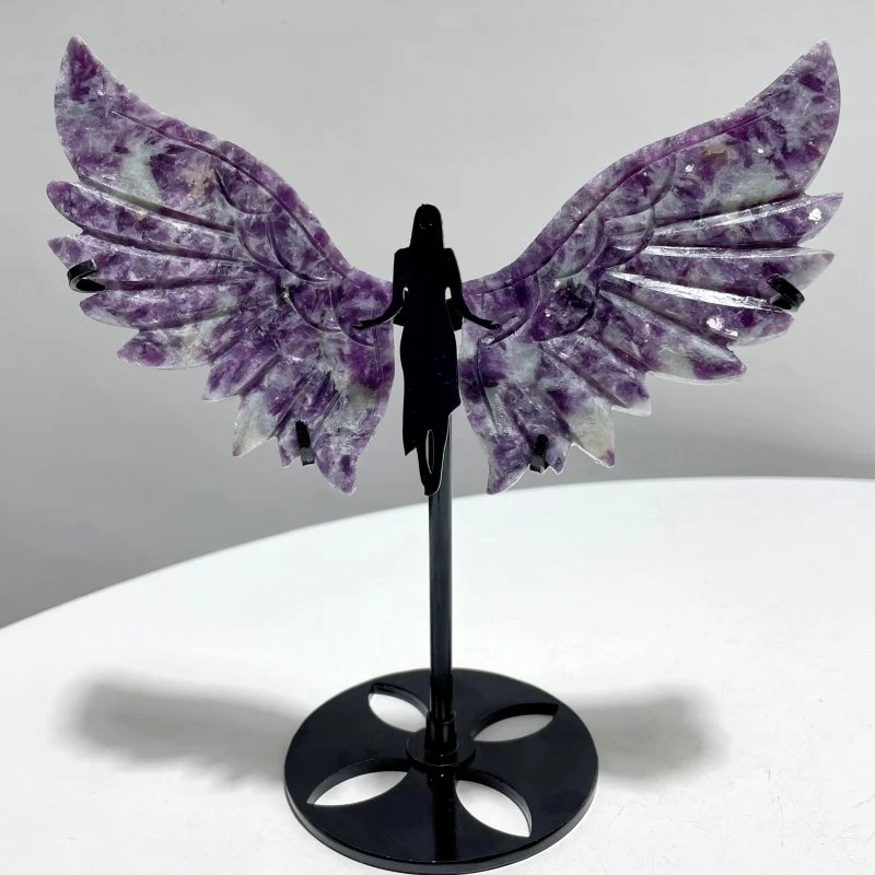 3 Pairs Pink Opal Angel Ruby In Kyanite Lepidolite Wing Carving With Stand - Image 4
