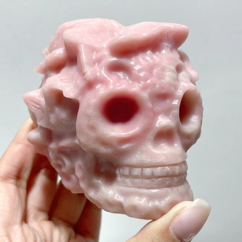 7 Pieces Pink Opal Butterfly Skull Carving - Image 2