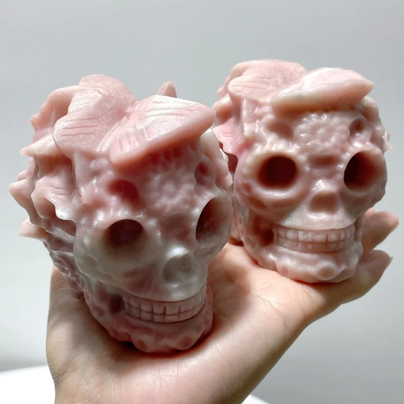 7 Pieces Pink Opal Butterfly Skull Carving - Image 5