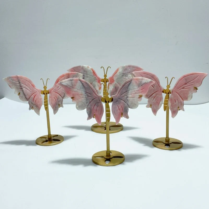 4 Pairs Pink Opal Butterfly Wing Carving With Stand
