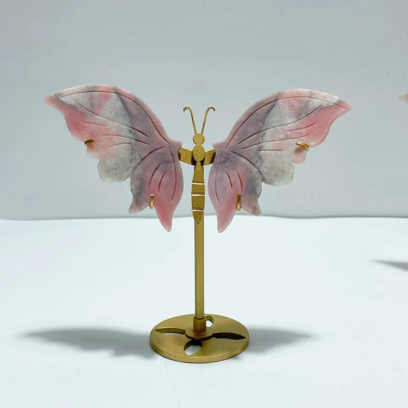 4 Pairs Pink Opal Butterfly Wing Carving With Stand - Image 3