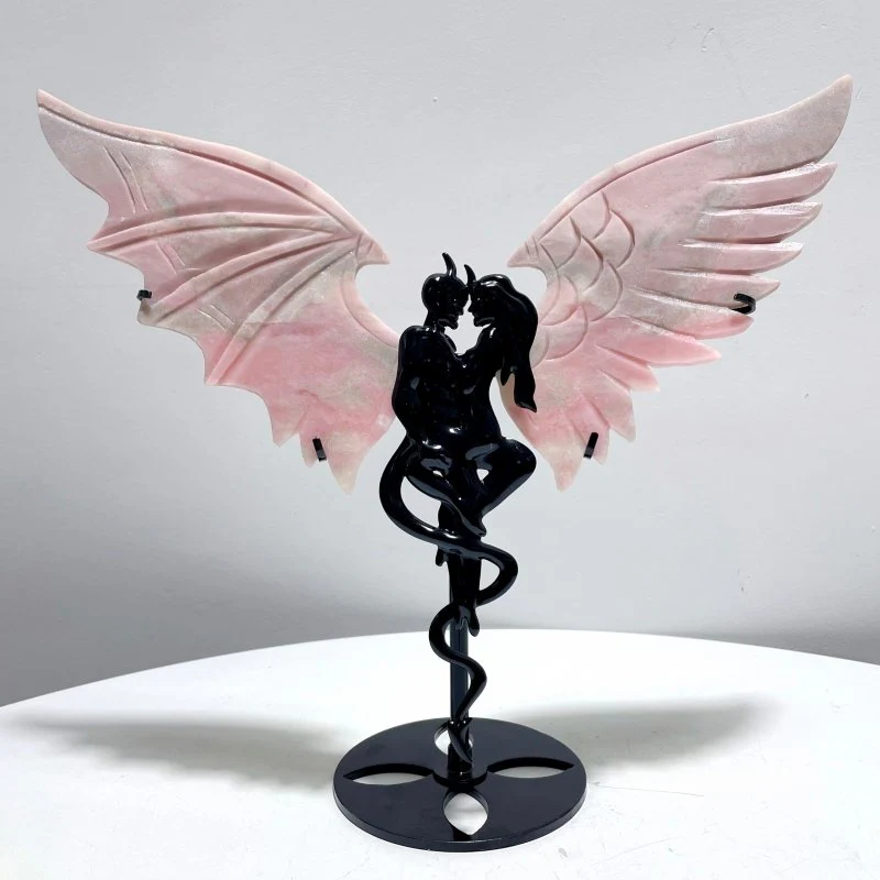 Pink Opal Demon And Angel Wing Carving With Stand