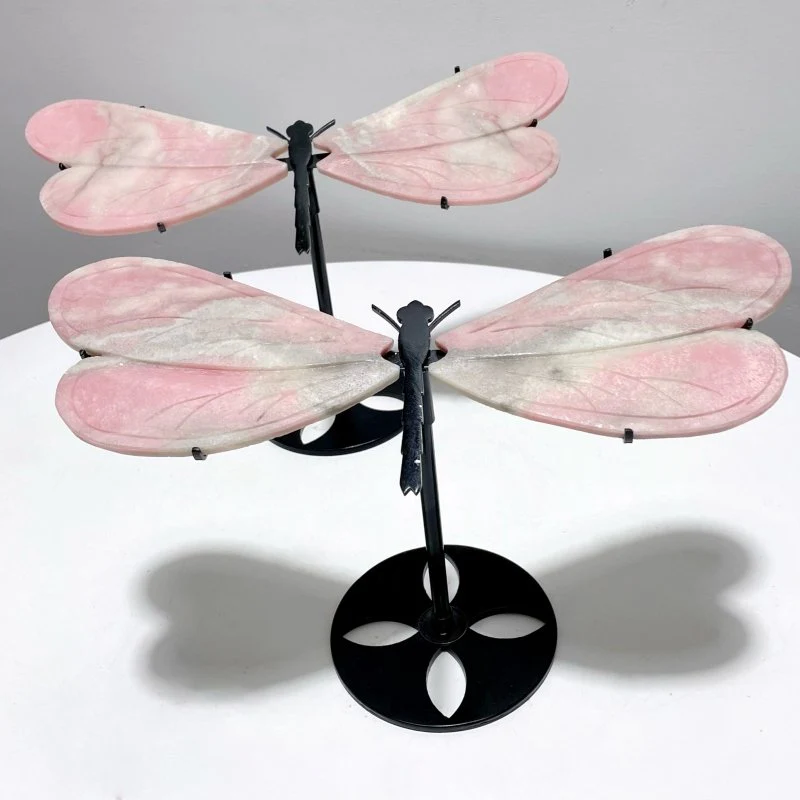 2 Pairs Pink Opal Dragonfly Wing Carving With Stand