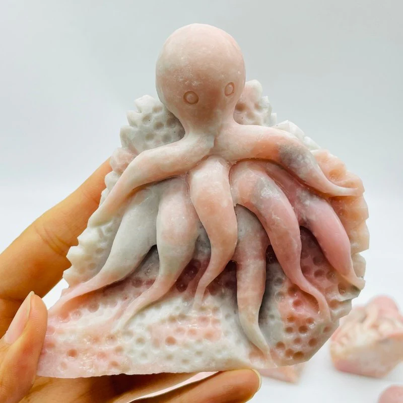 10 Pieces Beautiful Pink Opal Octopus Carving - Image 3