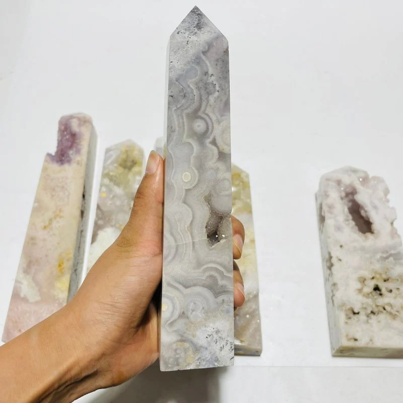6 Pieces Large Pink Sakura Flower Agate Geode Four-Sided Points - Image 3