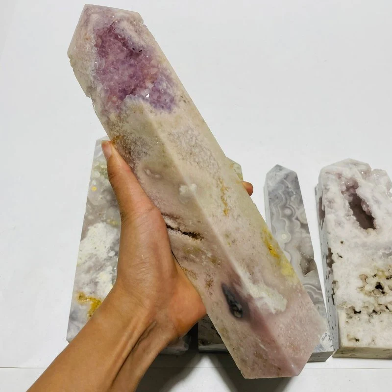 6 Pieces Large Pink Sakura Flower Agate Geode Four-Sided Points - Image 4