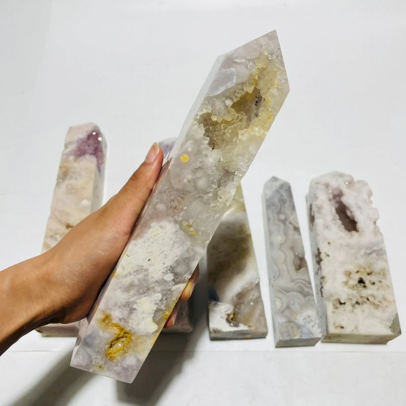 6 Pieces Large Pink Sakura Flower Agate Geode Four-Sided Points - Image 6